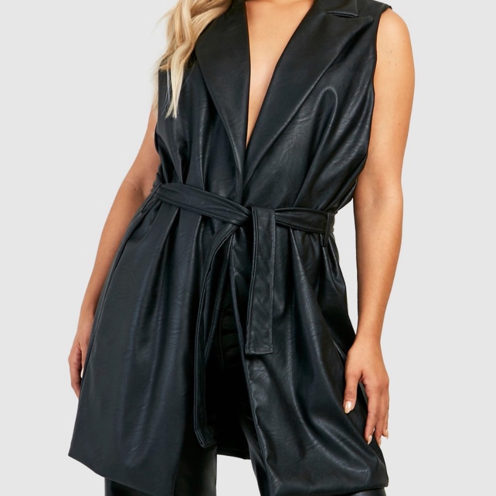 Plus Pu Belted Vest Blazer